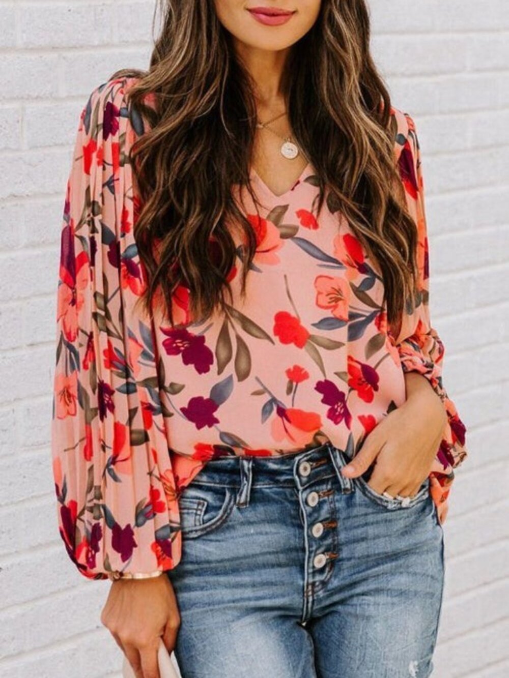 Medium Peach Blossom Printed Pleated Long pleated Sleeve Top peach magenta poppy - Picture 3 of 16